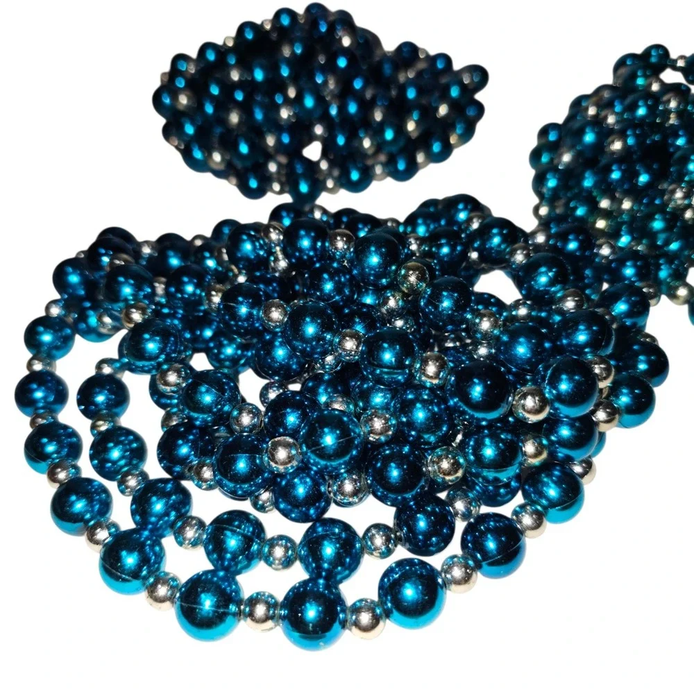 Vitange Bead Garland Holiday Decor Blue Silver 9ft x 5 Strands Metallic Festive